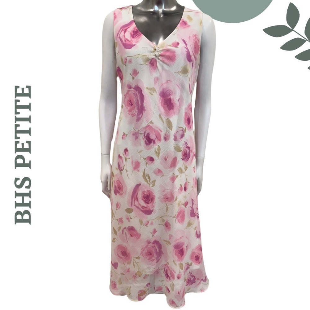 🛍️3/$40 BHS PETITE Sleeveless Rose Print Floral Midi Dress (Petite) White Pink